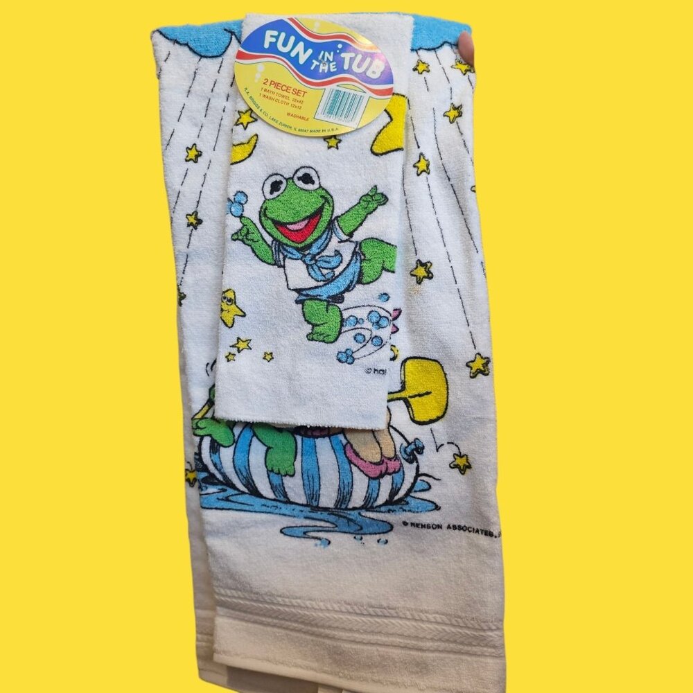 VTG Muppet Babies Kermit Miss‎ Piggy Kids Bath Towel Set Wash Cloth NEW USA Made